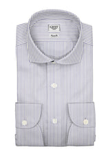 Camicia Piumino In Pregiato Cotone Egiziano Giza 87 Bianca Con Righe Azzurre