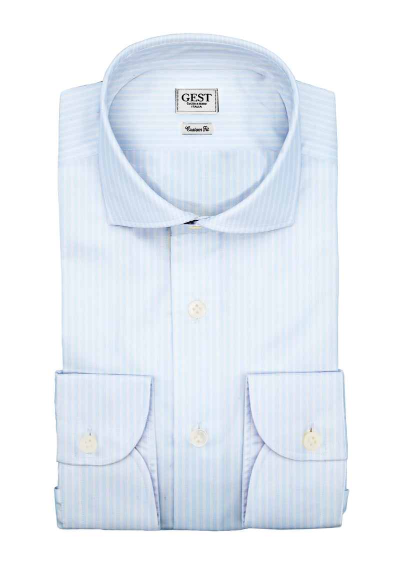 Blue Down Shirt In Fine Egyptian Cotton With White Stripes