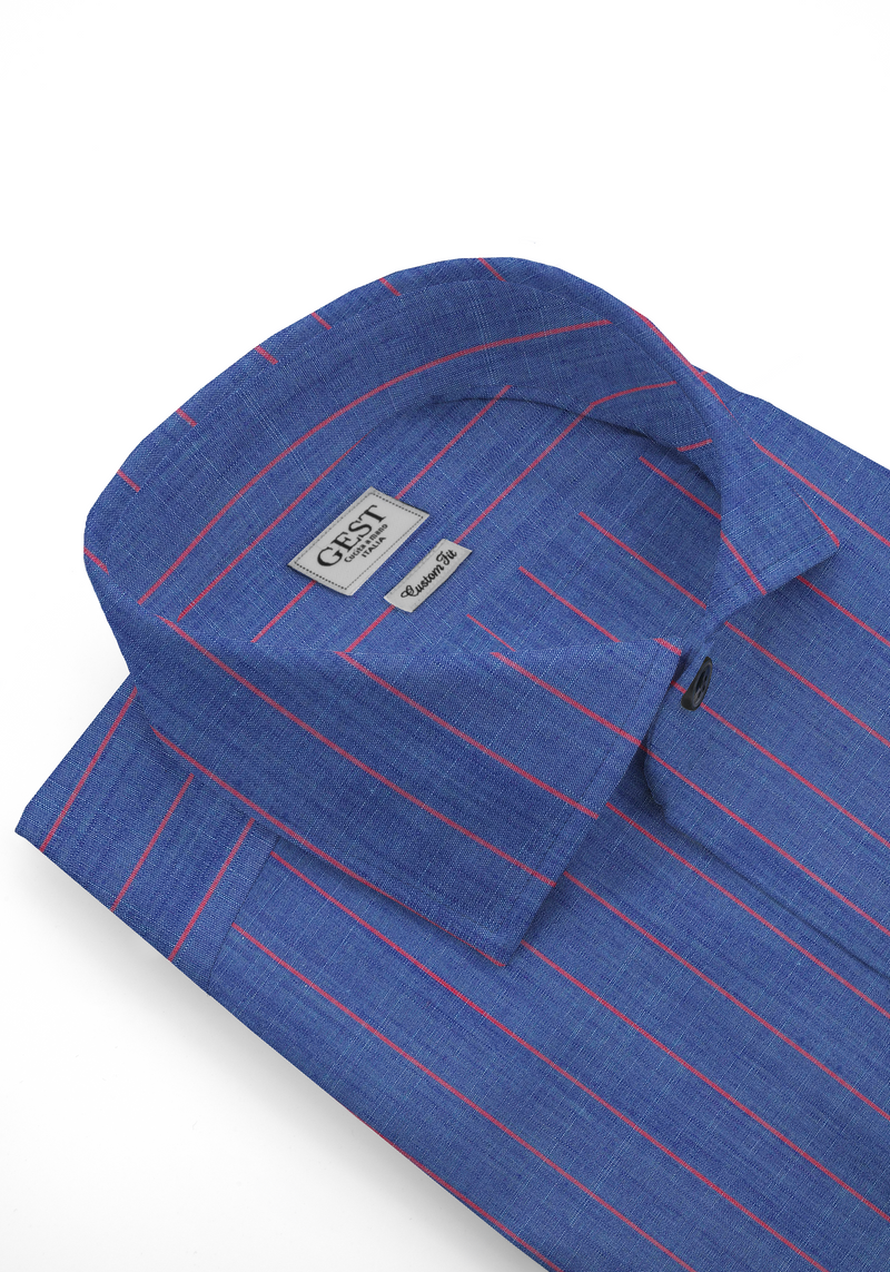 Camicia Cotone Chambray Super a Righe Azzurro e Rosa